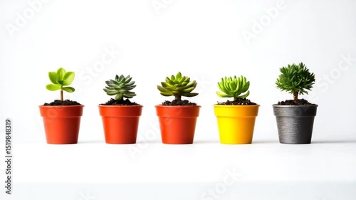 Succulents in various colored pots against a plain background