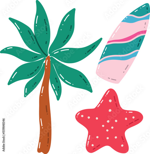 Tropical Cartoon Illustration Featuring Palm Tree Surfboard and Starfish Designs. Vector illustration highlighting tropical beach elements, including a stylized palm tree, a colorful surfboard