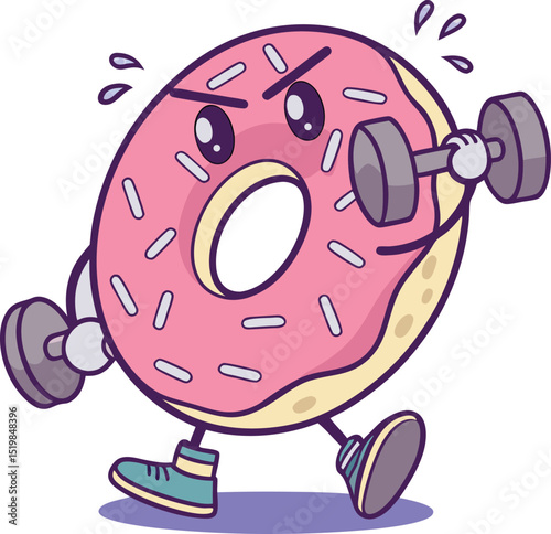 Cartoon vector of a pink frosted donut lifting dumbbells and sweating, ideal for funny food concepts, fitness motivation with humor, and snack-themed characters