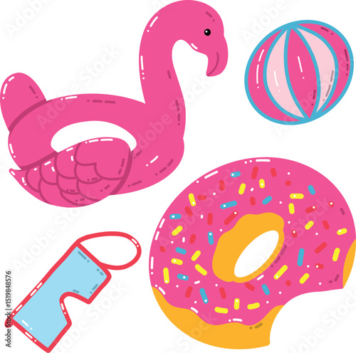 Brightly Colored Pool Floats and Beach Accessories Illustration. A vibrant collection of colorful beach and pool essential items in a playful illustration, including a flamingo float, donut ring
