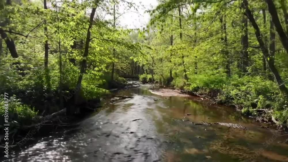 Forest stream flows through lush greenery Forest stream flows through lush greenery