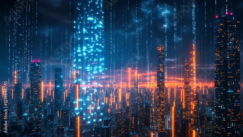 Wallpaper Mural Futuristic city skyline with digital rain Torontodigital.ca