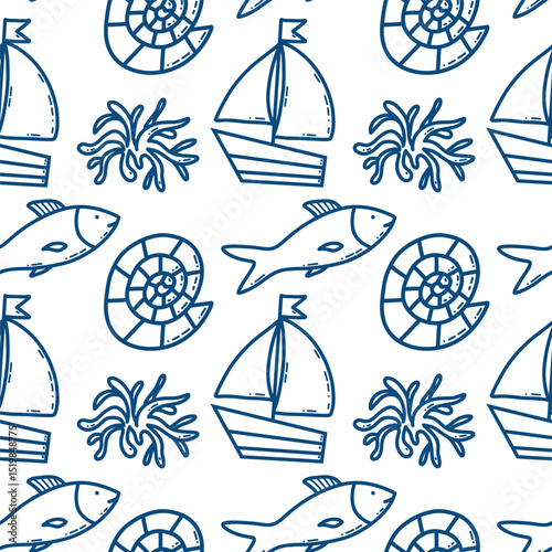 Seamless Nautical Pattern Featuring Boats, Fish, Shells, and Seaweed. A seamless pattern design showcasing nautical elements including boats, marine animals, seashells, and seaweed in an artistic hand