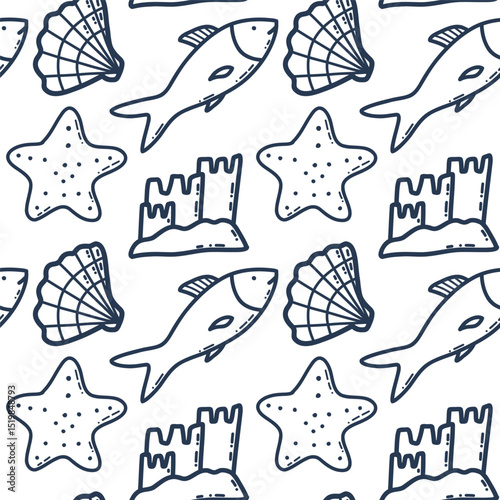 Seamless Beach-Theme Pattern With Seashells, Fishes, Stars, and Sandcastles. Illustrated seamless pattern featuring beach-themed icons like fish, seashells, starfish, and sandcastles, ideal for summer