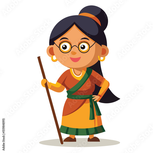 Cartoon woman with glasses holding a wooden walking stick