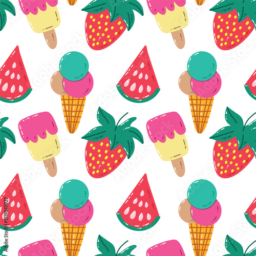 Colorful Pattern of Ice Creams, Strawberries, and Watermelons in Vector Style. Vibrant and fun pattern featuring ice creams, strawberries, and watermelons in a seamless vector illustration, perfect 