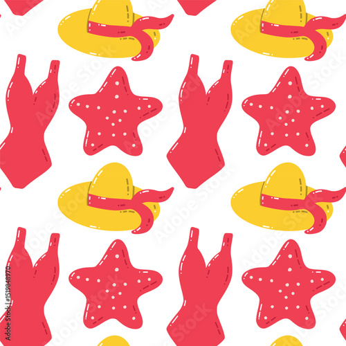 Summer Beach Pattern With Hats, Swimsuits, and Starfish in Bright Colors. Vibrant seamless pattern featuring yellow hats, red swimsuits, and starfish on a white background. Perfect for summer-themed 