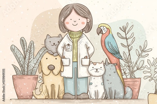 Veterinarian standing with various pets in a cozy clinic setting  