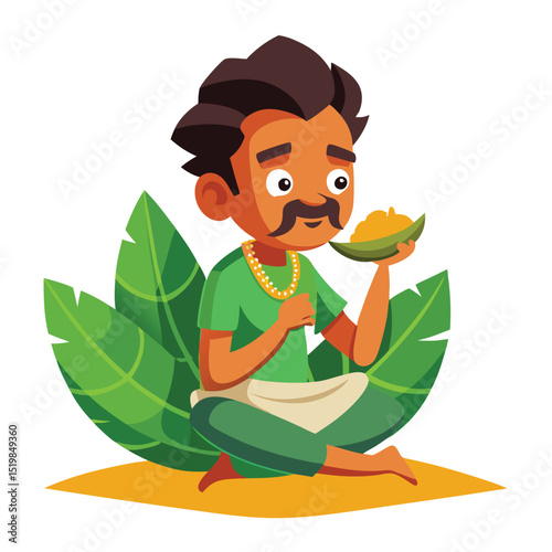 Cartoon man eating mango sitting cross legged on the ground