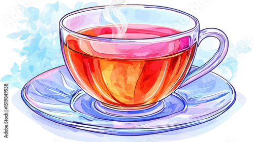 Vibrant cup of tea with steam rising, set delicate saucer, evokes warmth and comfort. colorful illustration captures essence of relaxation, Isolated on transparent background