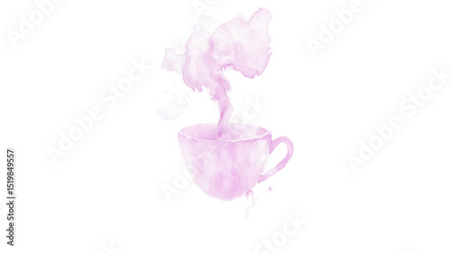 Delicate pink watercolor cup with steam rising, evoking sense of warmth and comfort. Perfect for tea or coffee lovers, Isolated on transparent background