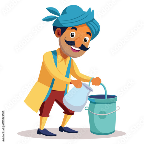 Cartoon farmer pouring liquid from pitcher into container
