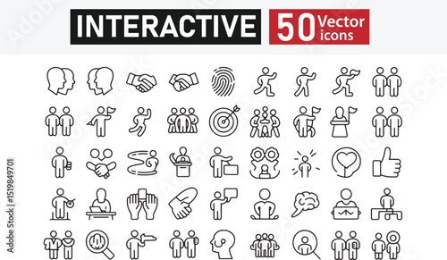 Collection of 50 line icons related to interactive, helpful, workshop, communicative, powerful, donation, social, friendly, respect, volunteer, handshake. Editable stroke. Vector illustration