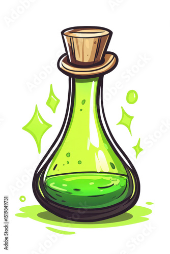 Vibrant green potion in glass flask, radiating magical sparkles, evokes sense of mystery and enchantment, Isolated on transparent background