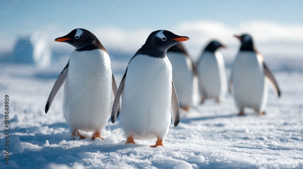 Fototapeta premium penguins standing on antarctic ice with dramatic lighting and white snow