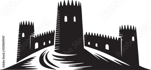 Black and white illustration of a hilltop castle.