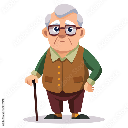 Cartoon of an elderly man with a cane and glasses standing