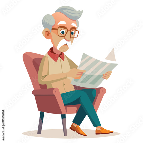 Cartoon man reading newspaper sitting in a pink armchair