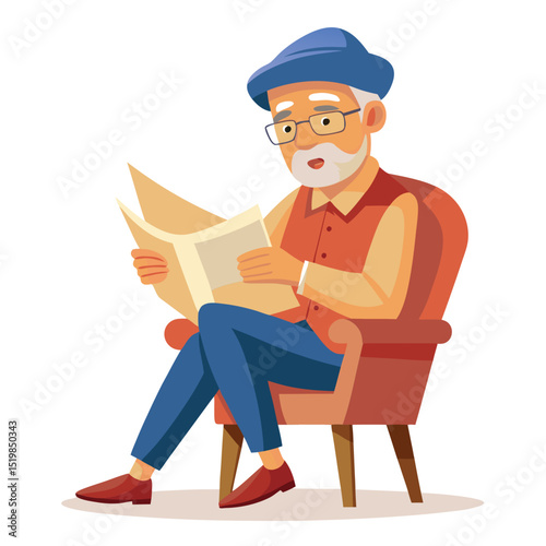 Older man reading newspaper sitting in armchair cartoon art