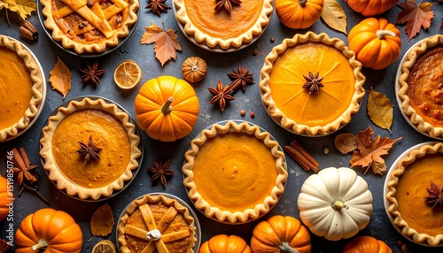 Fototapeta Naklejka Na Ścianę i Meble -  Festive Thanksgiving flat-lay featuring pumpkin pies, spice, autumn elements