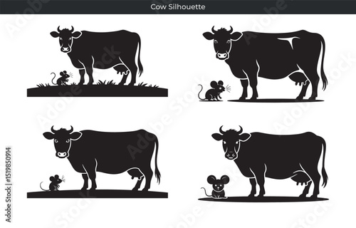Simple silhouette illustrations of cows and mice in different poses on a white background