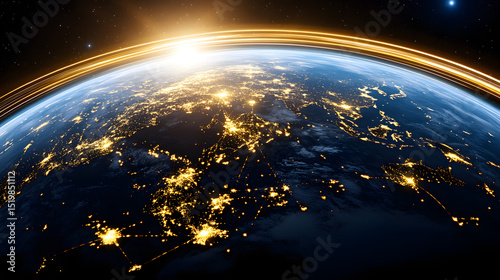 Earth from space at night with city lights and sunrise stock photo for wallpaper and background