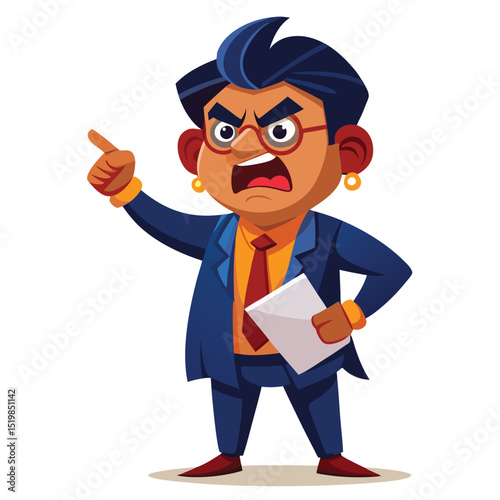 Cartoon man in suit angry and pointing with document in hand