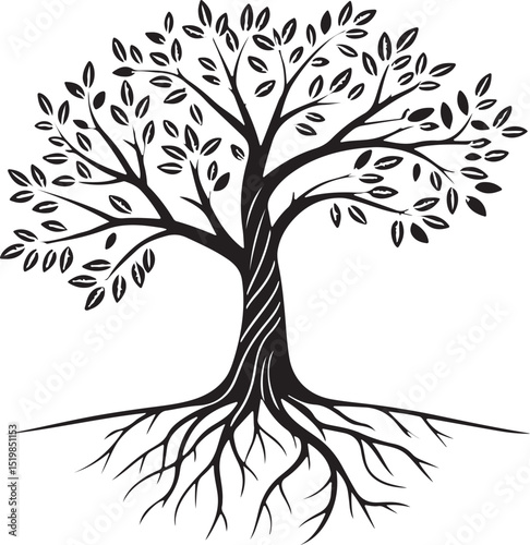 Minimalist tree of life line art, strong roots illustration