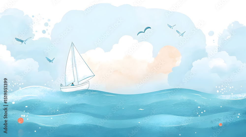 Naklejka premium un diseño de una pintura en acuarela de un paisaje en el oceano con un barco sobre las olas navegando por el mar con aves volando en el cielo con espacio de copia diseño infantil 