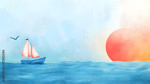 un diseño creativo de un paisaje de pintura en acuarela con el sol al amanecer o un barco navegando por el oceano creativo artistico obra de arte 