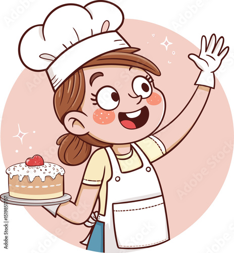"Happy Baker Girl Holding a Cake Vector Illustration"