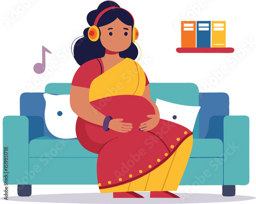 Pregnant woman listening to music on couch illustration