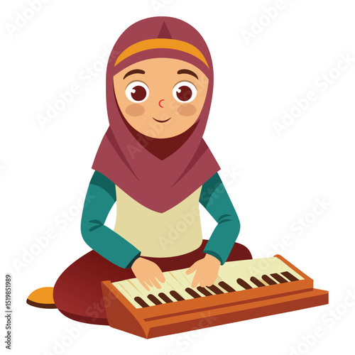 Girl in hijab playing keyboard on floor illustration art