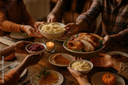 Family hands passing Thanksgiving food dishes across festive dinner table at home