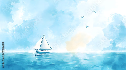 un diseño de textura de un paisaje pintado en acuarela abstracto de una embarcacion o barco navegando por el oceano con aves volando por el cielo
