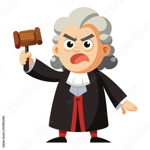 Cartoon judge with wig holding gavel in angry expression