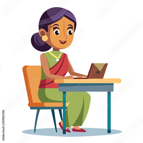 Woman sitting at desk working on a laptop illustration
