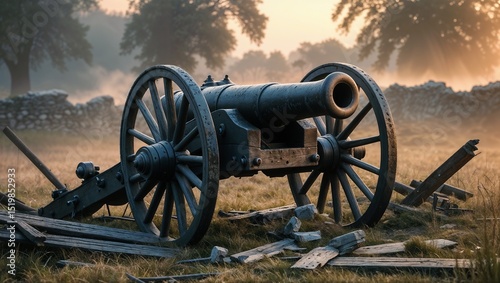 Historic battlefield scene featuring an old cannon surrounded by broken wheels and debris	

