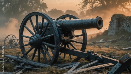 Historic battlefield scene featuring an old cannon surrounded by broken wheels and debris	

