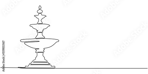 Continuous one line drawing of a fountain with flowing water, minimalist garden or public space illustration, Fountain one line continuous. Line art fountain. Hand drawn vector art, Fountain one line