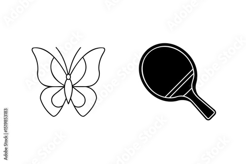 Black and white illustration featuring butterfly and table tennis racket on white background