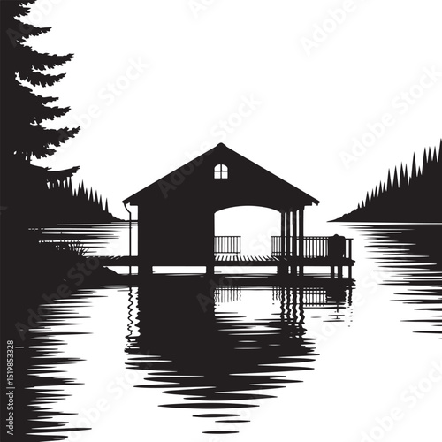 Lake house silhouette with reflection on calm water.