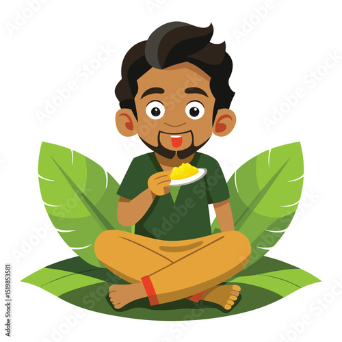 Cartoon man eating dessert while sitting on green leaves