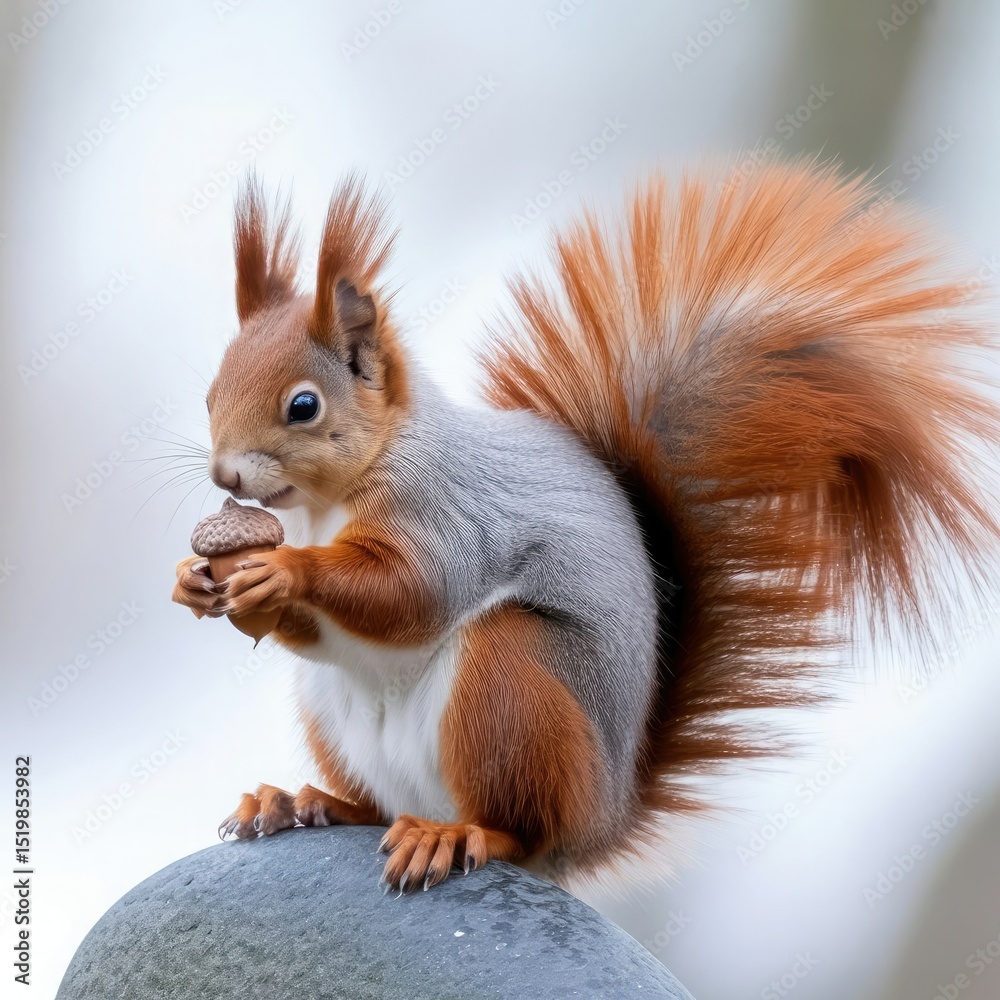 Obraz premium Cute red squirrel, a small rodent mammal, eating a nut in a park tree, showcasing its fluffy tail and wild nature