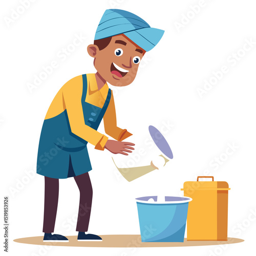 Man pouring liquid from bucket into another bucket cartoon