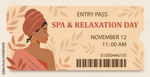 Vector elegant spa day ticket with female silhouette in calm warm palette. Suitable for events with self-care, relaxation, female privacy and balance theme