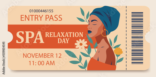 Vector elegant spa ticket with African American woman, flowers and natural palette. Suitable for self-care, women's retreats and wellness projects