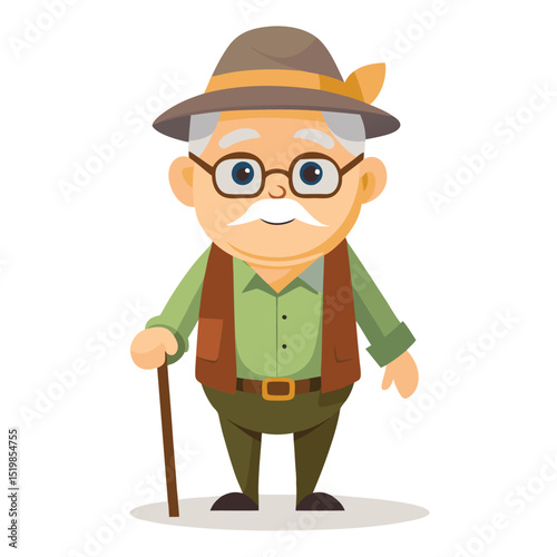 Cartoon of an elderly man with hat and walking stick stands