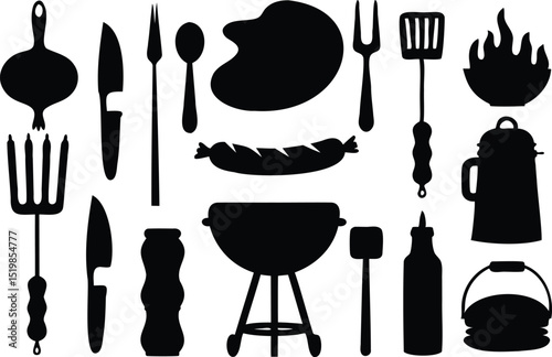 Silhouette vector set of BBQ grills, kitchen utensils, and cooking accessories, perfect for outdoor grilling illustrations, cookout posters, and food prep graphics