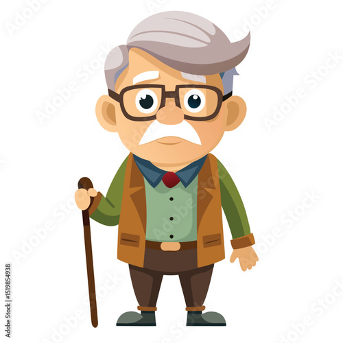 Cartoon illustration of an elderly man with a walking stick